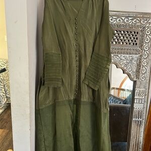 Olive Green Raw Silk Button-Down kurta and pants